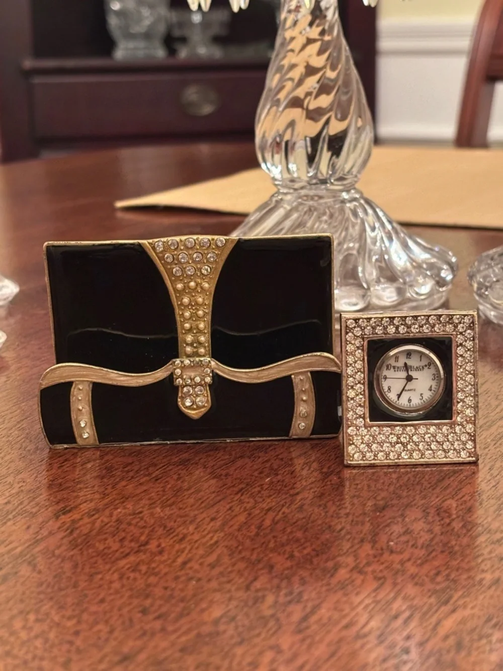 BLING SET CARD HOLDER AND CLOCK IN BLACK WITH RHINESTONES IN GOOD CONDITION